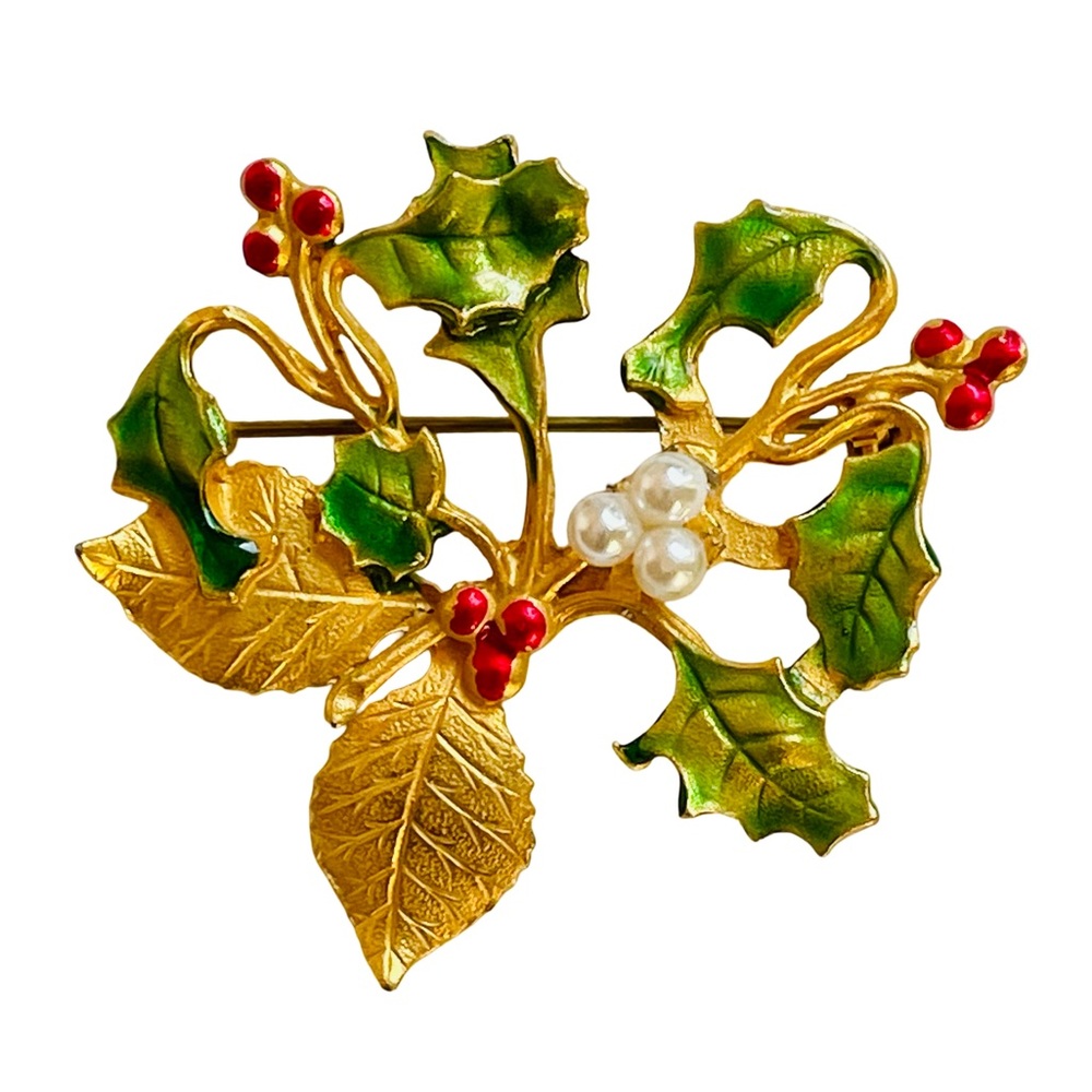 Vintage Signed KC Kenneth Cole Goldtone Holly Brooch With Enamel